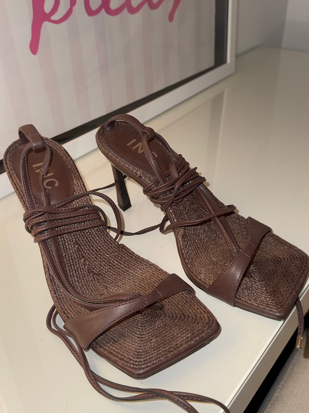 INC International Concepts Brown Strappy Lace-Up Heeled Sandals
